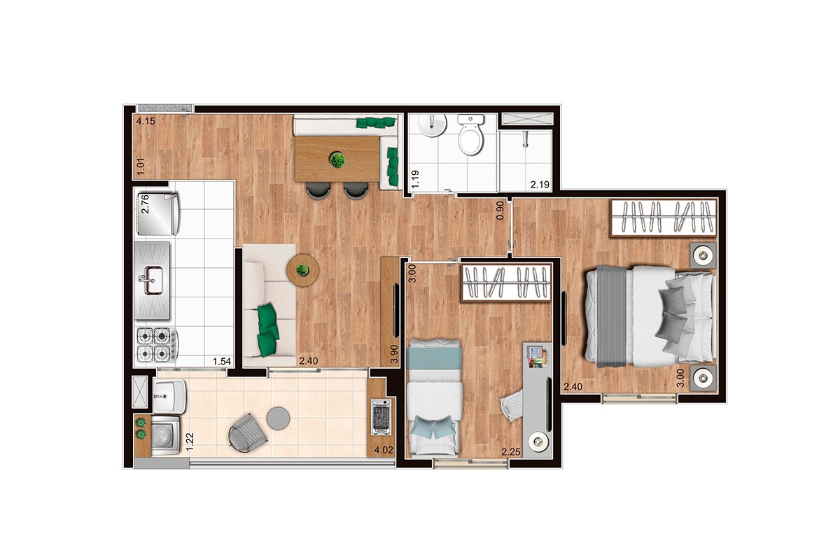 45,34 m² l Tipo meio final 4 e 5 Jacarandá