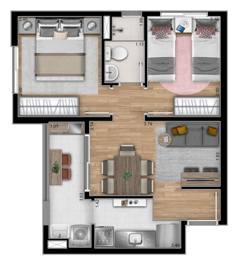Planta Ilustrada do apto de 39m²