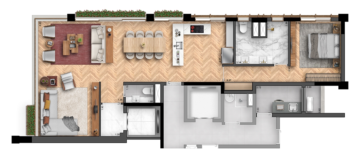 1 Suítes Tipo 105 m²