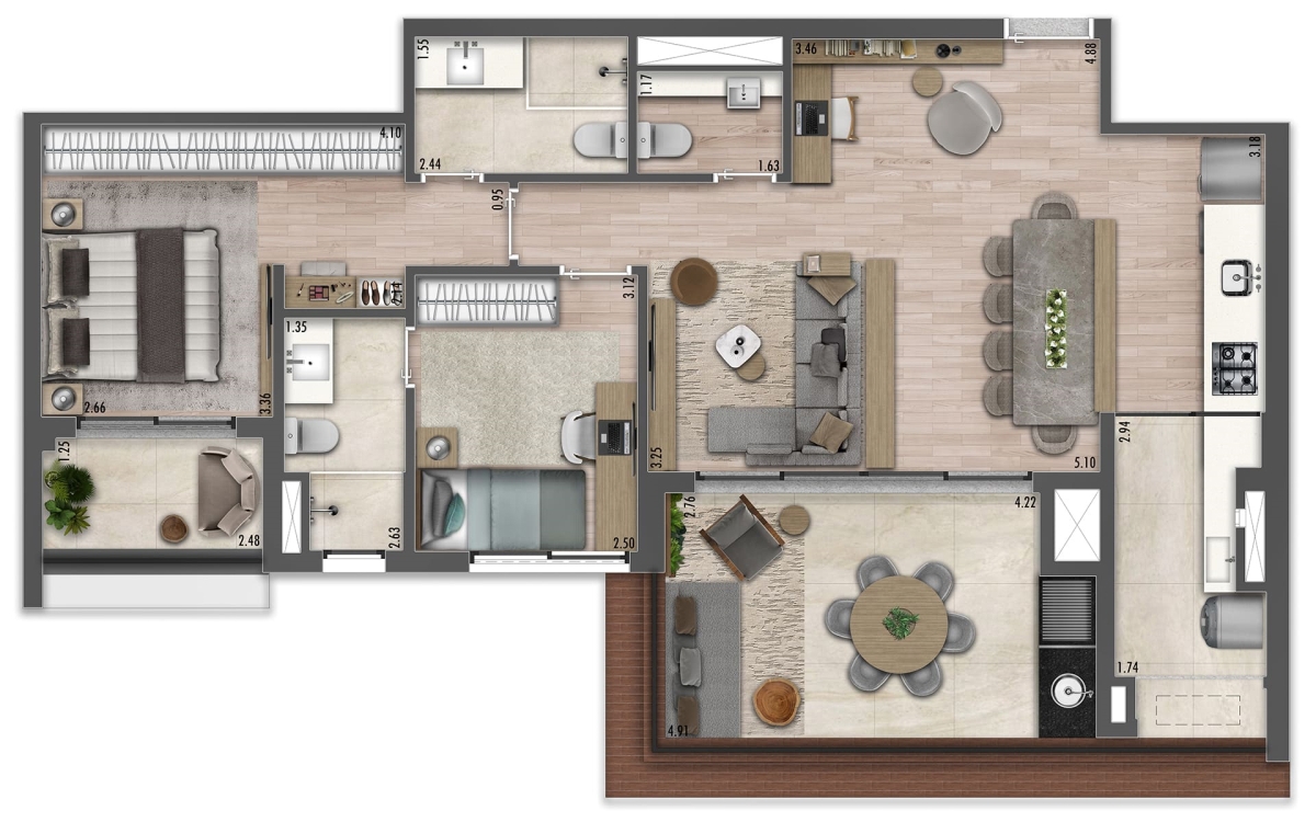 PLANTA OPÇÃO DE 95 M² SALA AMPLIADA COM COZINHA INTEGRADA