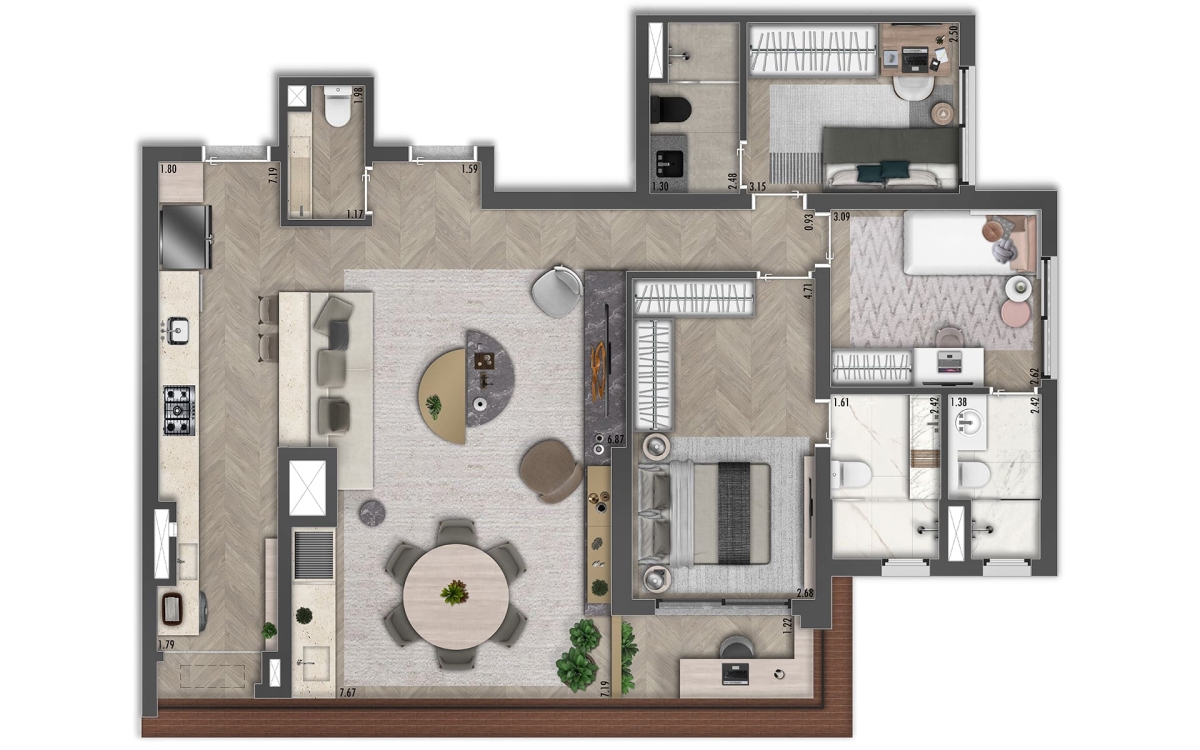 PLANTA OPÇÃO DE 113 M² SALA COM COZINHA INTEGRADA