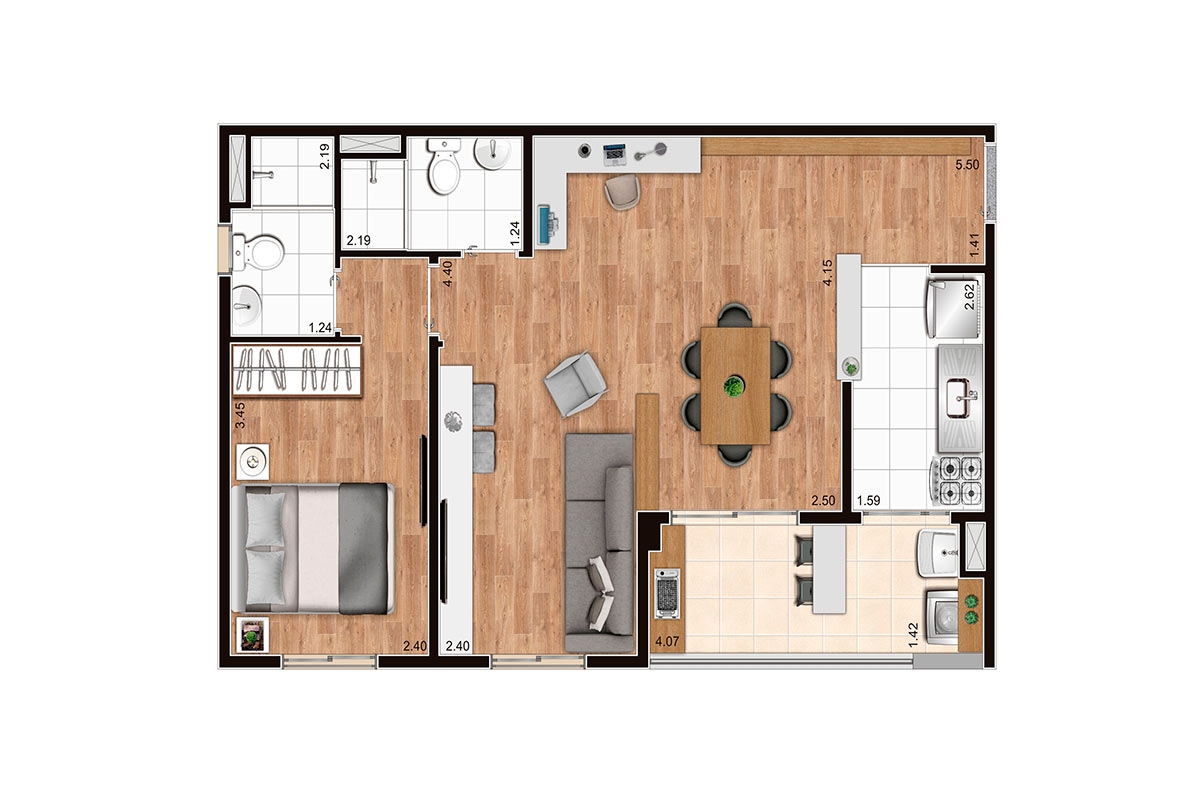56,05 m² l Opção ponta final 2 e 7 Jacarandá