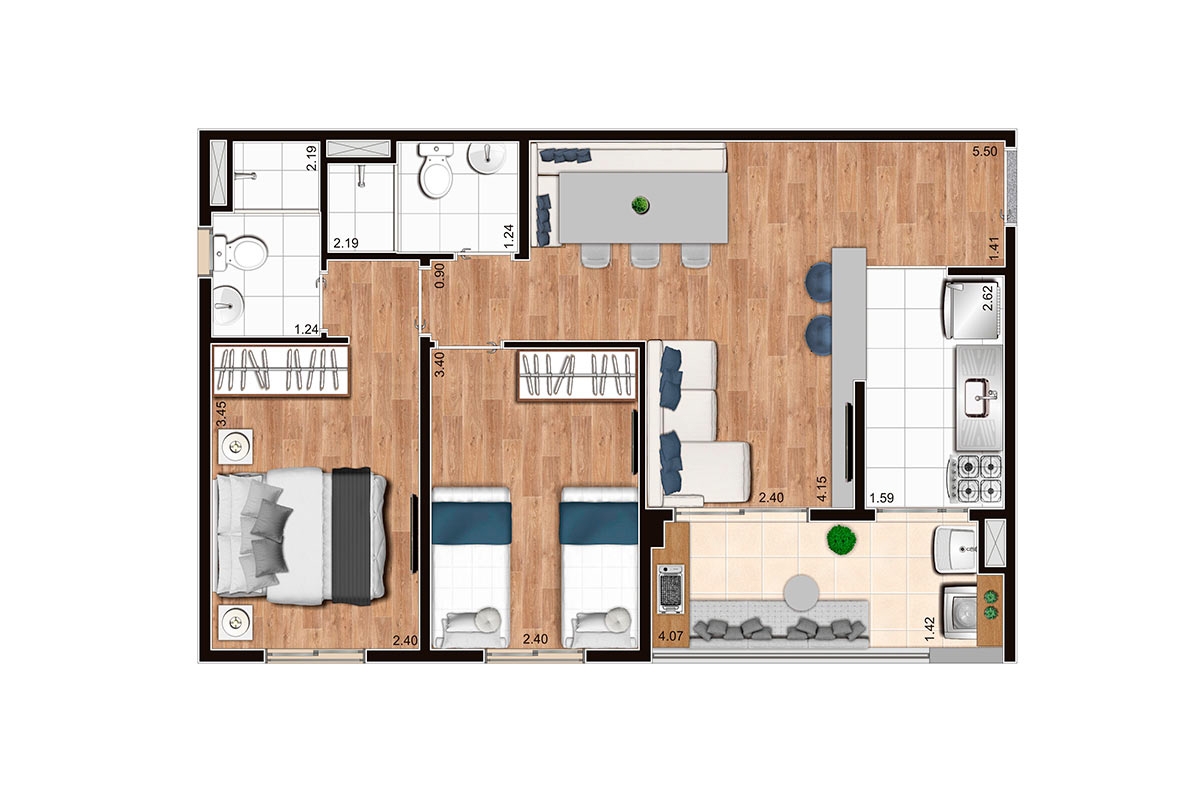 56,05 m² l Tipo ponta final 2 e 7 Jacarandá