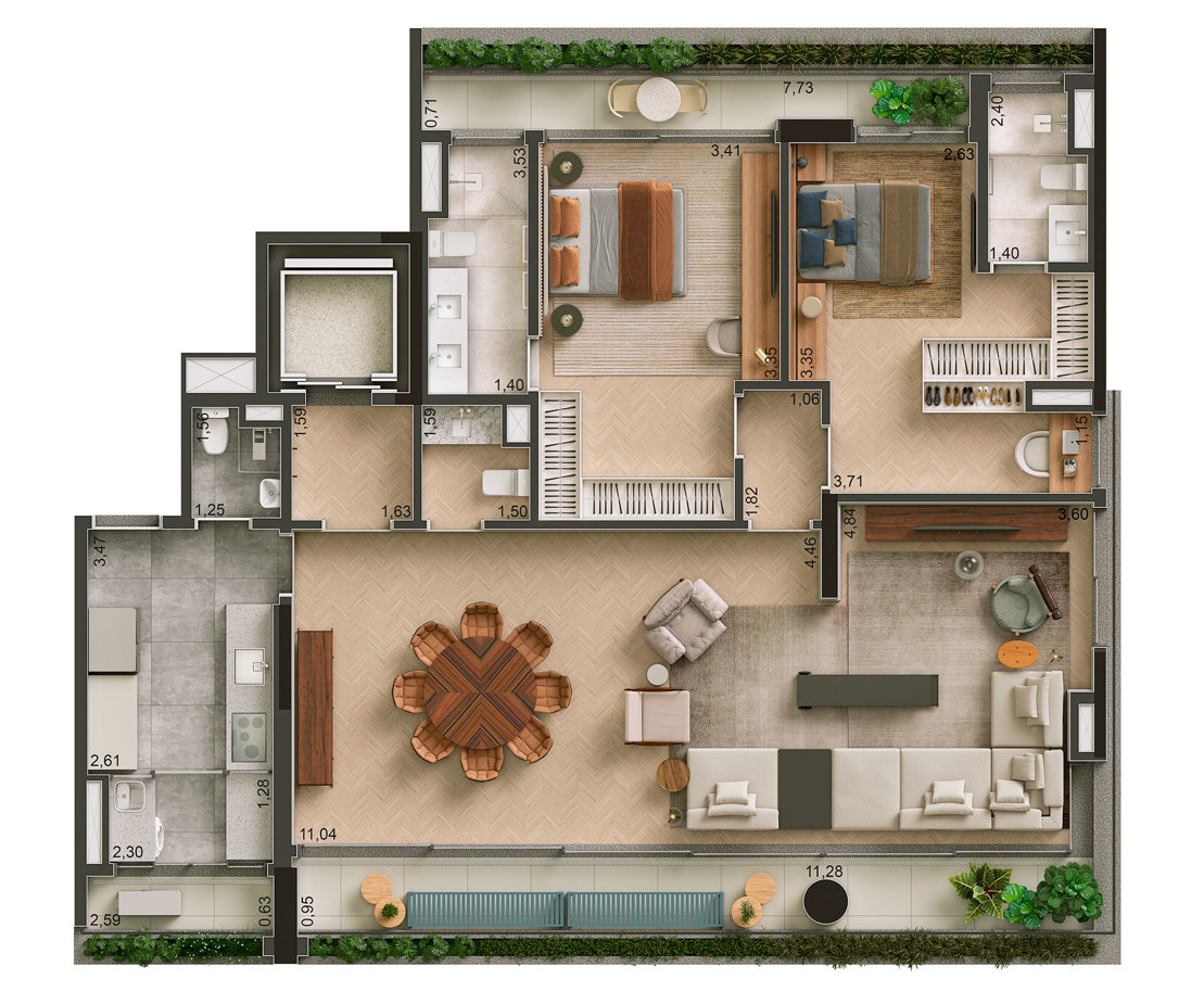 Planta opção 167m² sala ampliada