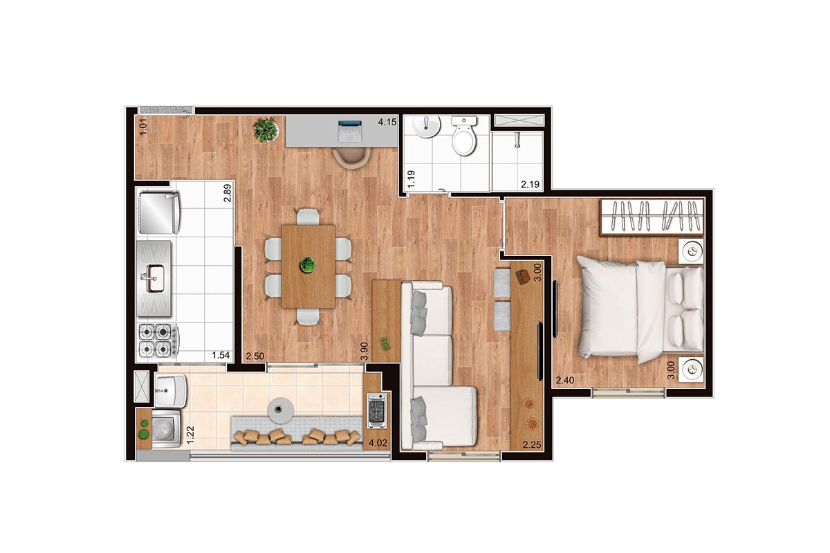 45,34 m² l Opção meio final 4 e 5 Jacarandá