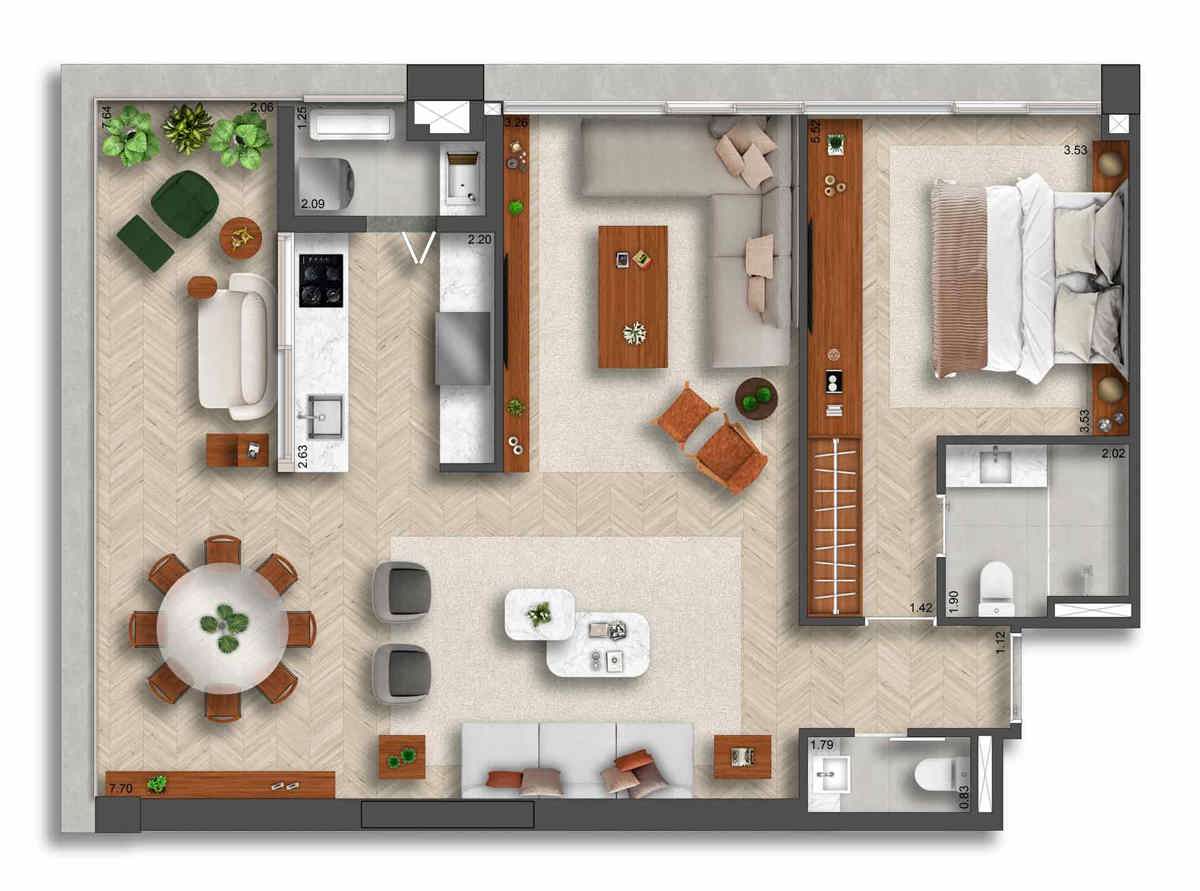 1 Suíte Opção ampliada 90 m² 