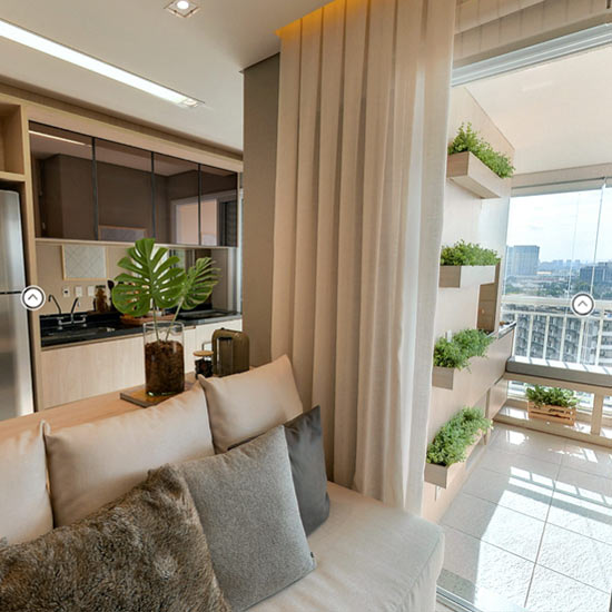 Tour virtual 360º do apto decorado de 69m² com opção de planta com 2 dorms. (1 suíte) e cozinha integrada.